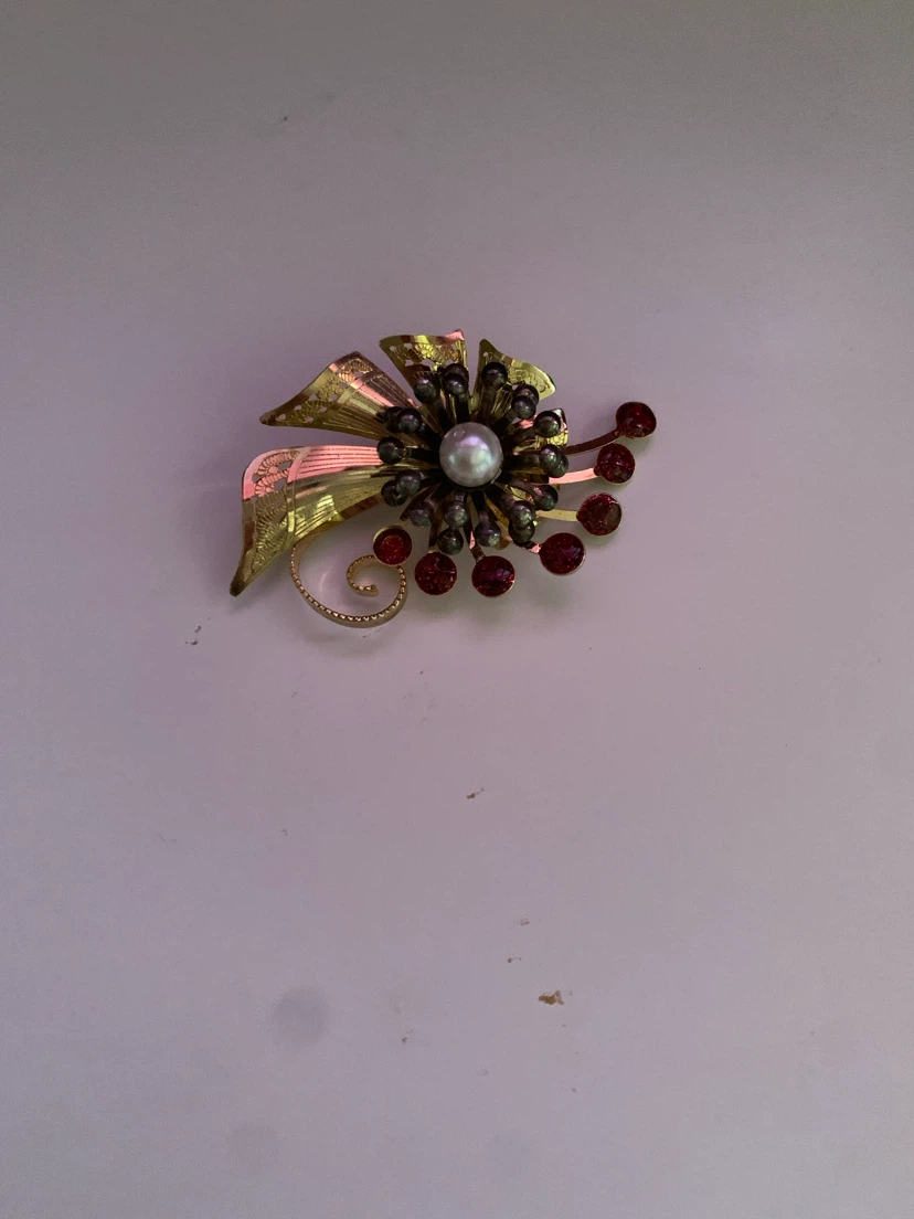 Vintage Flower Brooch with Pearl and Red Stones