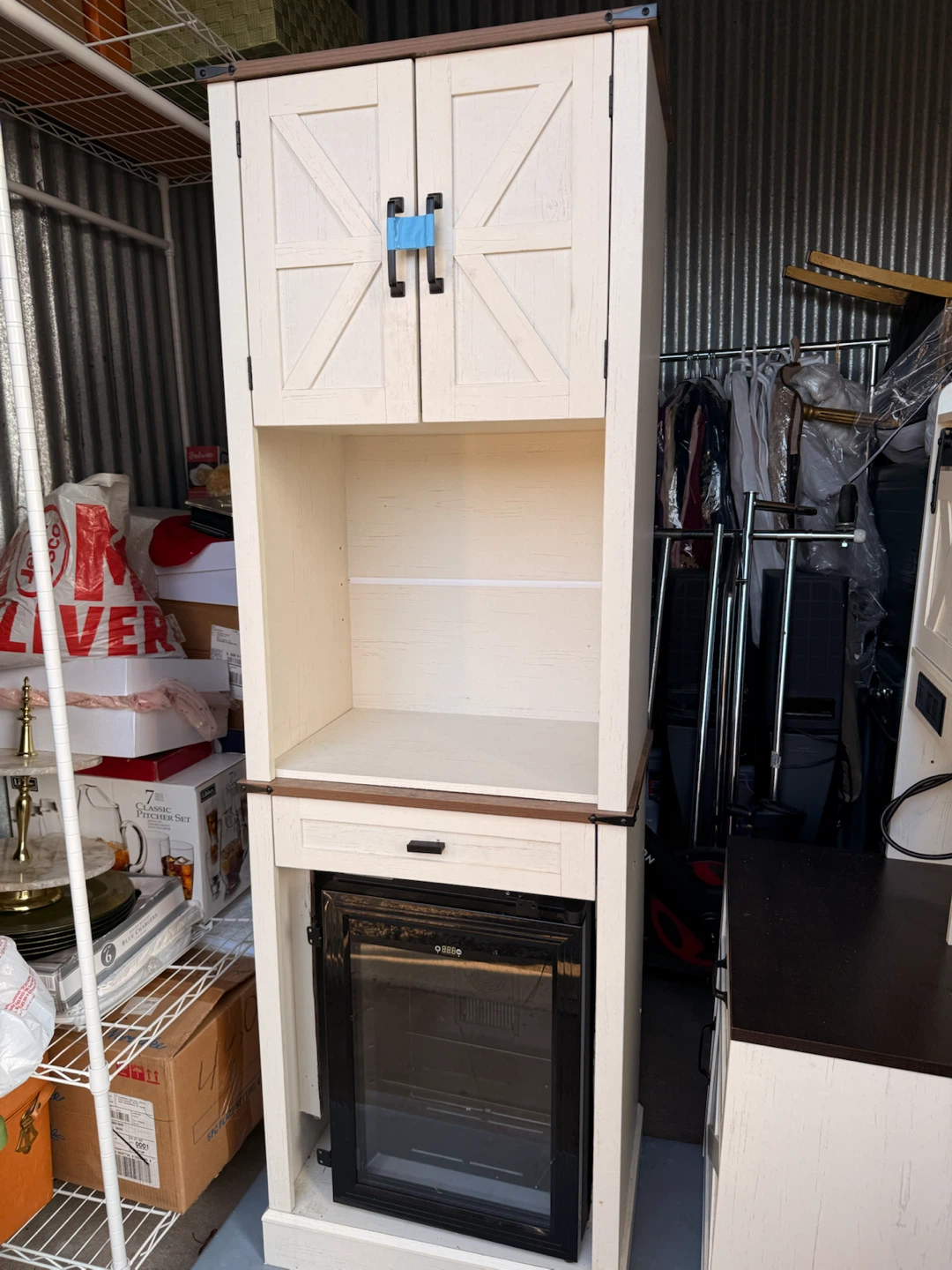 Farmhouse Style Kitchen Hutch with Mini Fridge