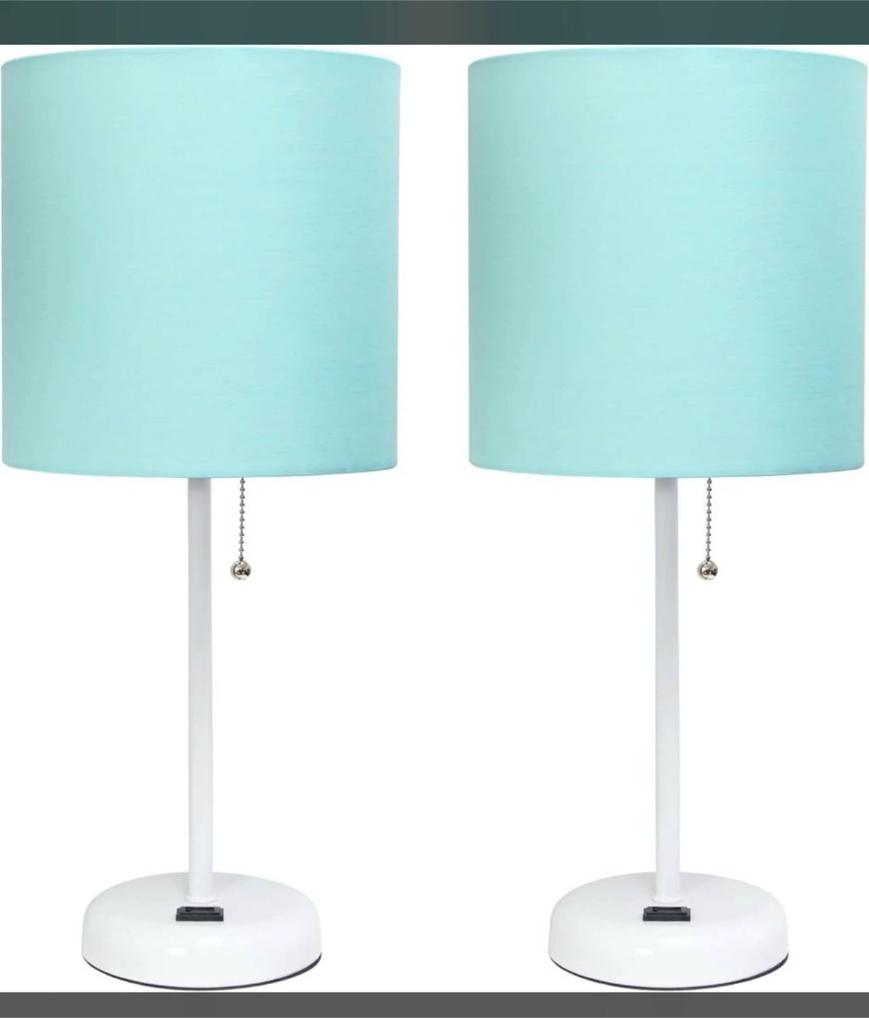 Pair of White Desk Lamps with Teal Shades and USB Ports