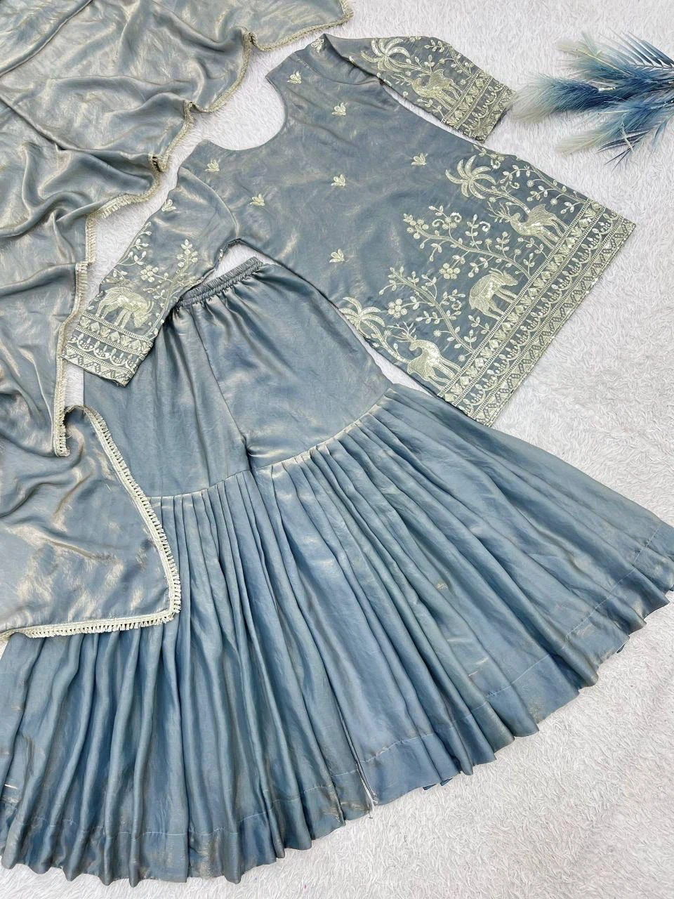 Women's Grey Embroidered Kurti Sharara Set with Dupatta