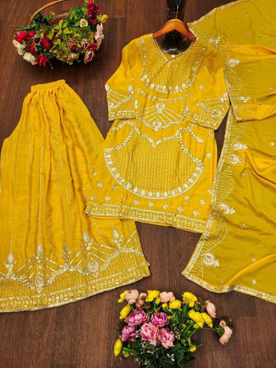 Yellow Embroidered Kurti Set with Dupatta and Palazzo Pants