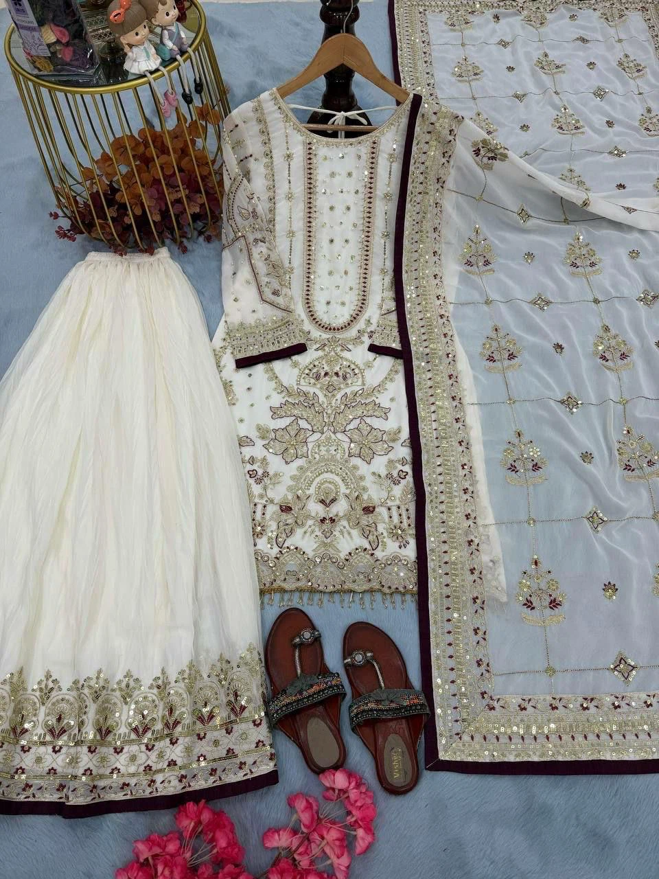 Embroidered Teal and White Kurti Skirt and Dupatta Set
