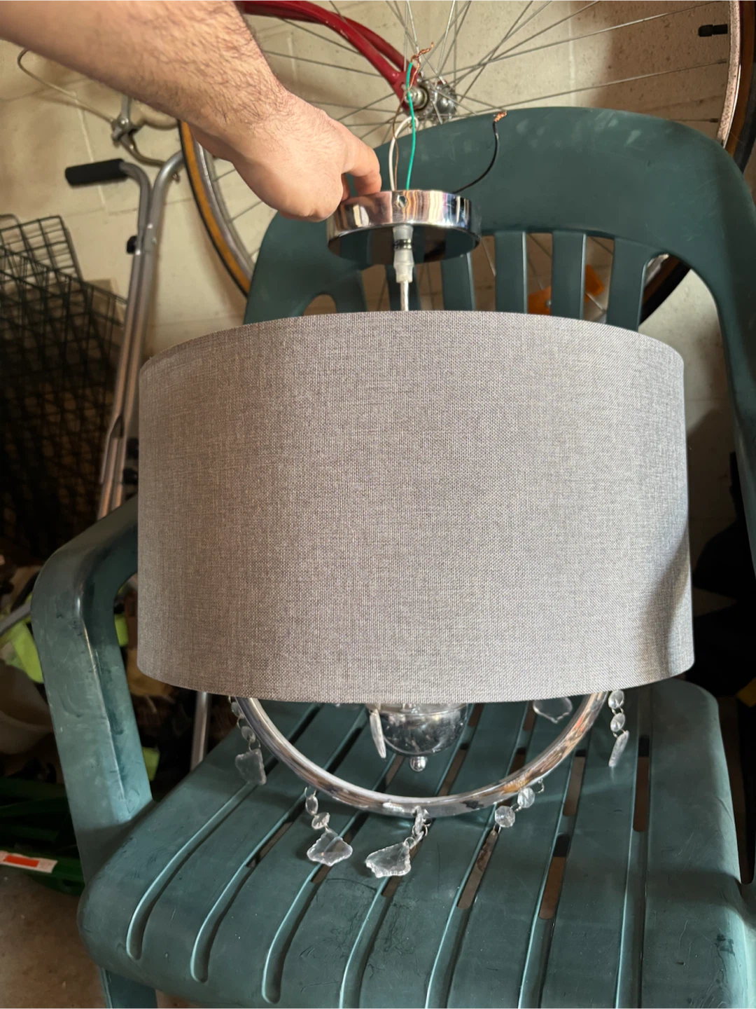 Grey Drum Pendant Light Fixture with Crystal Accents