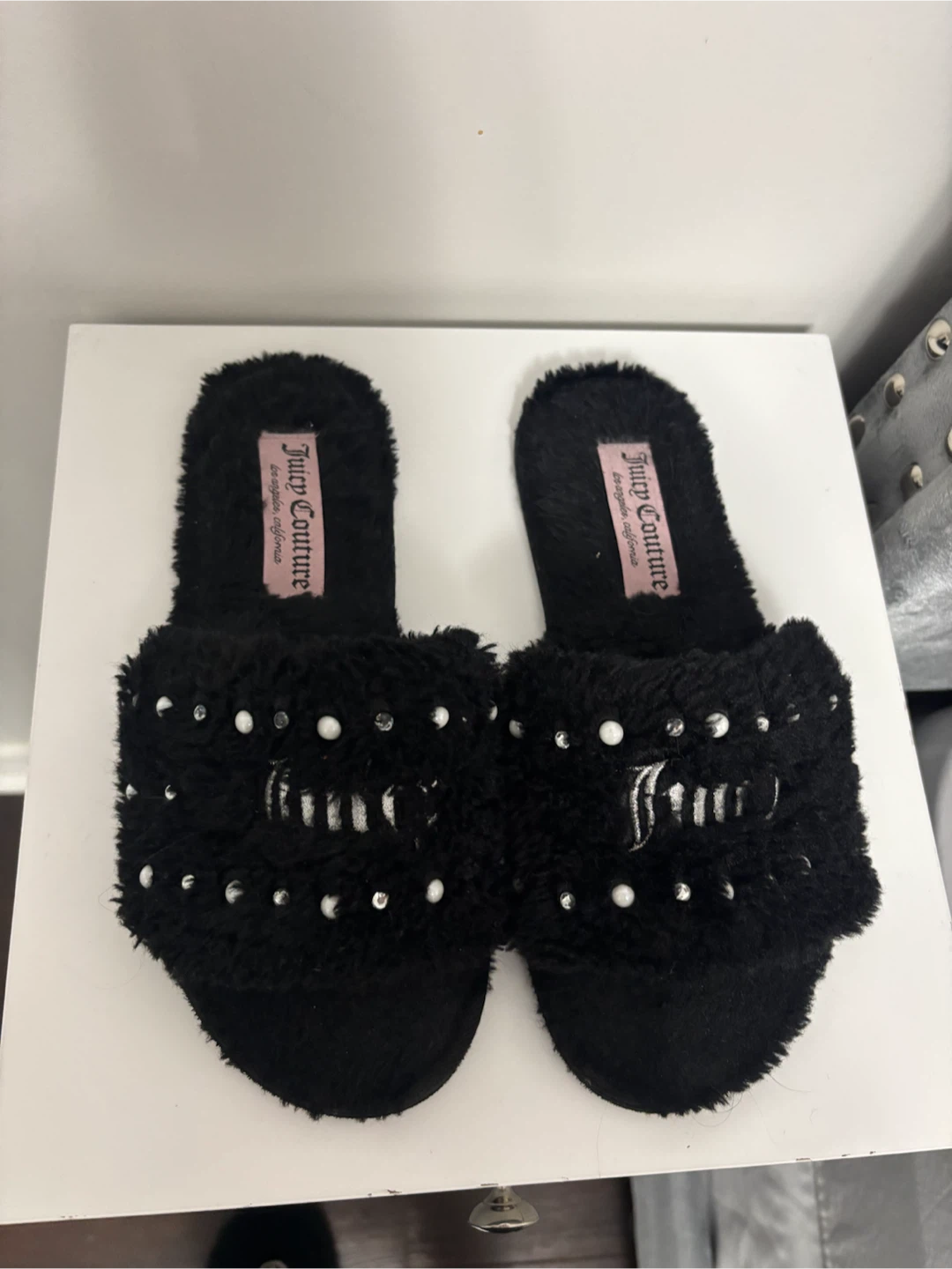 Juicy Couture Black Fuzzy Slippers