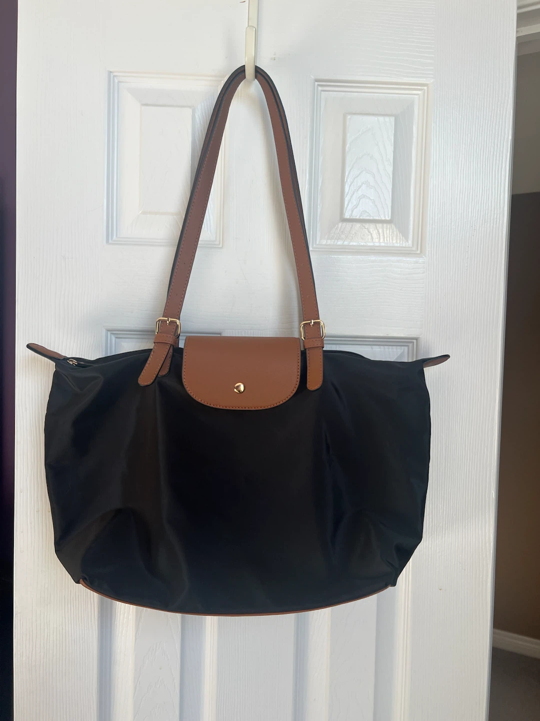 Black Tote Bag with Brown Straps