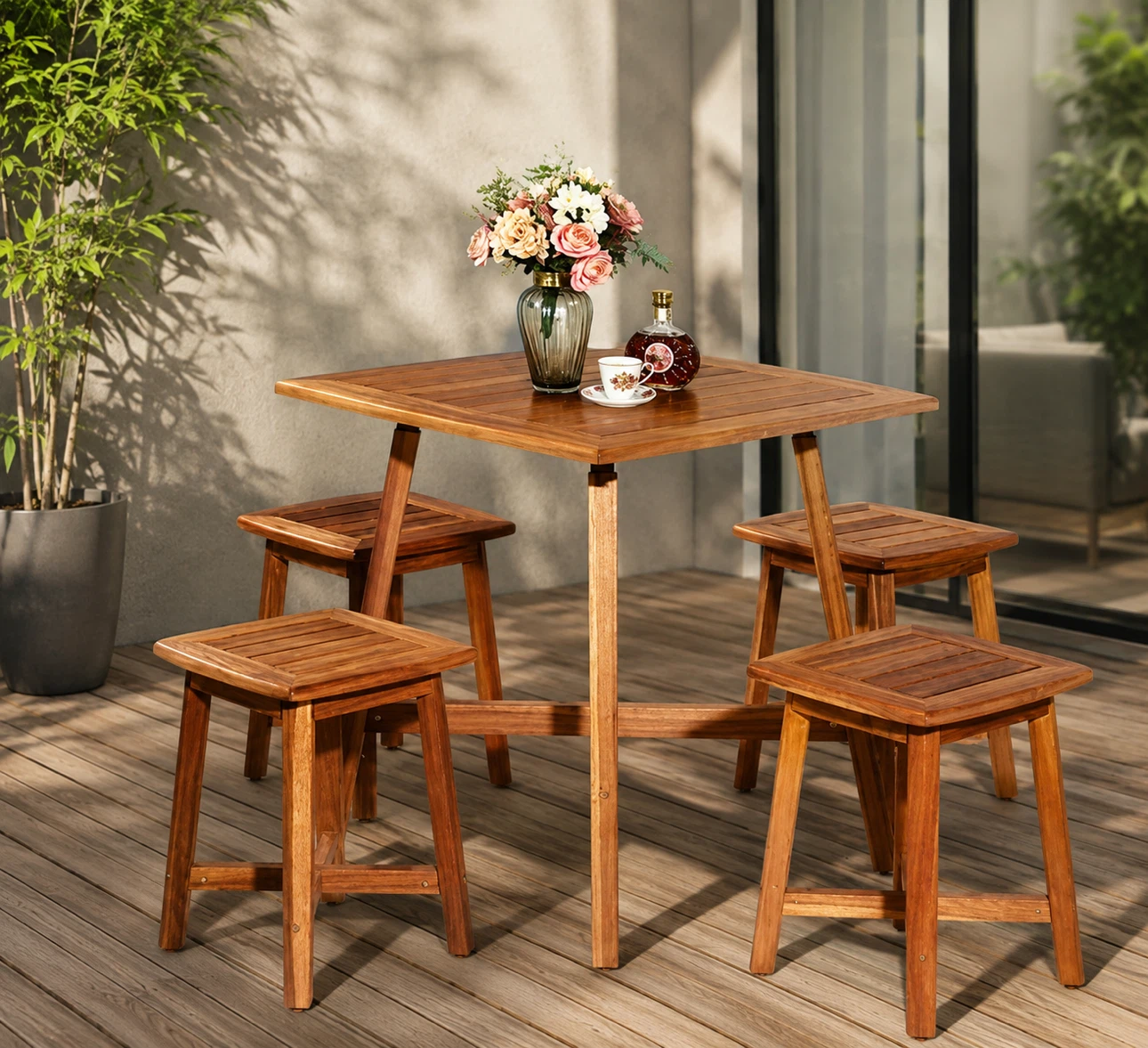 Wooden Patio Table and 4 Stool Set