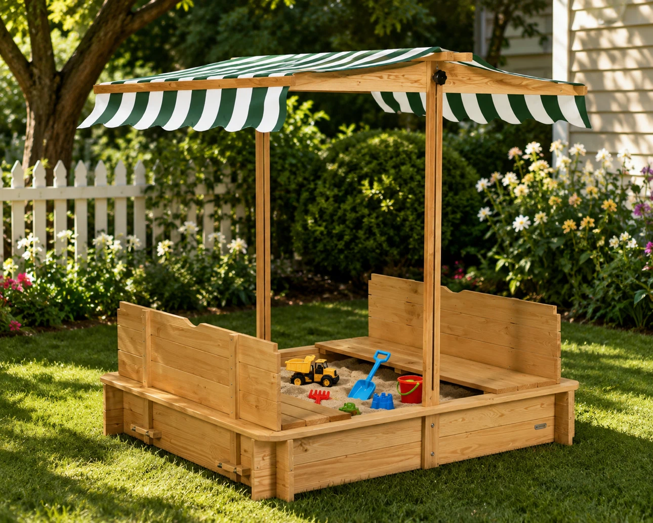 Wooden Sandbox with Canopy and Built-in Seats