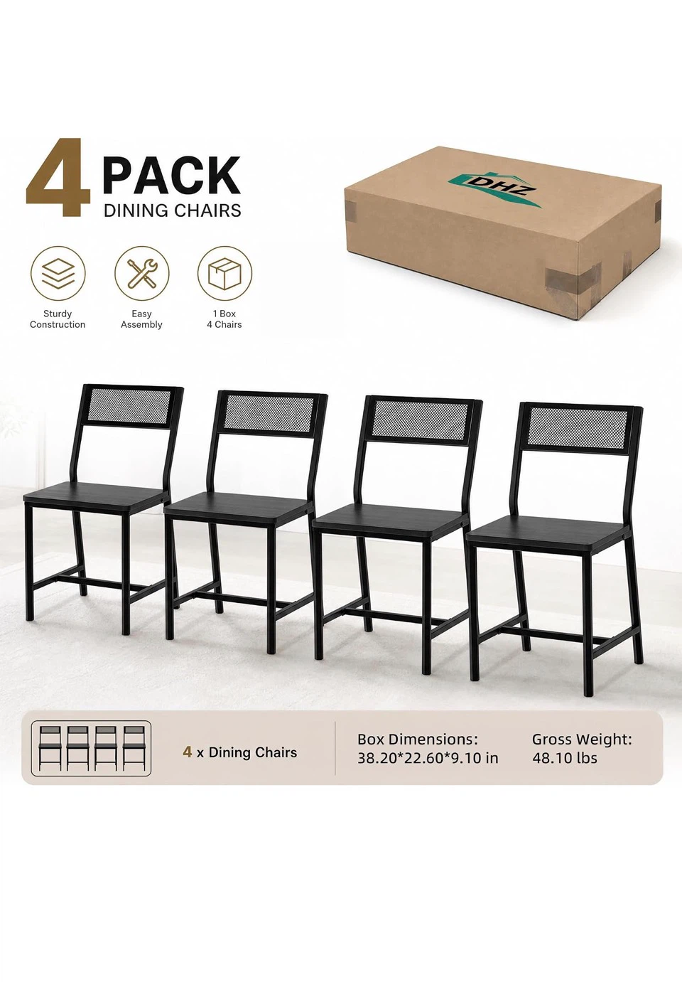 4 Pack Dining Chairs - Black Modern Minimalist Style