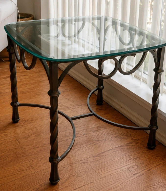 Glass and Wrought Iron End Table