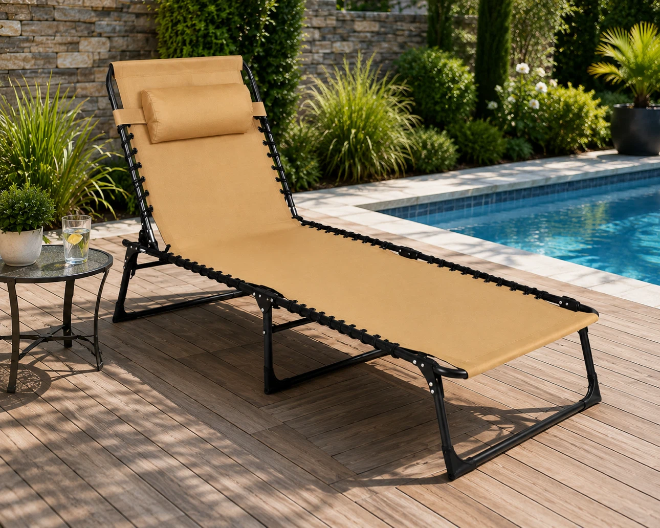 Tan Folding Chaise Lounge Chair