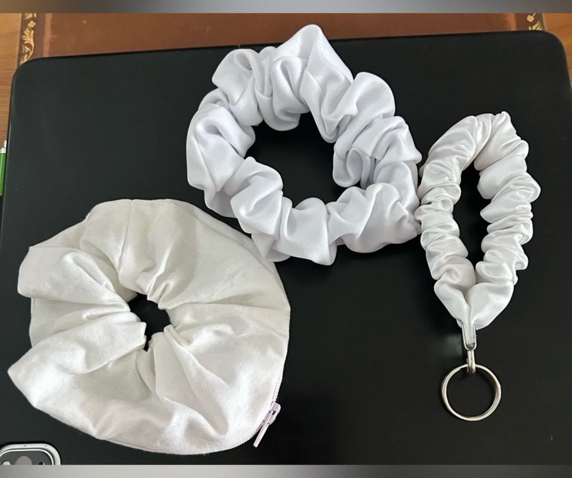White Scrunchie Set with Zipper Pouch and Keychain