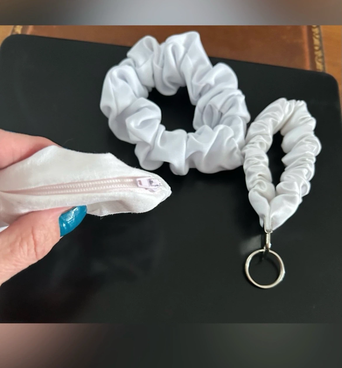 White Scrunchie Set with Zipper Pouch and Keychain - photo 4