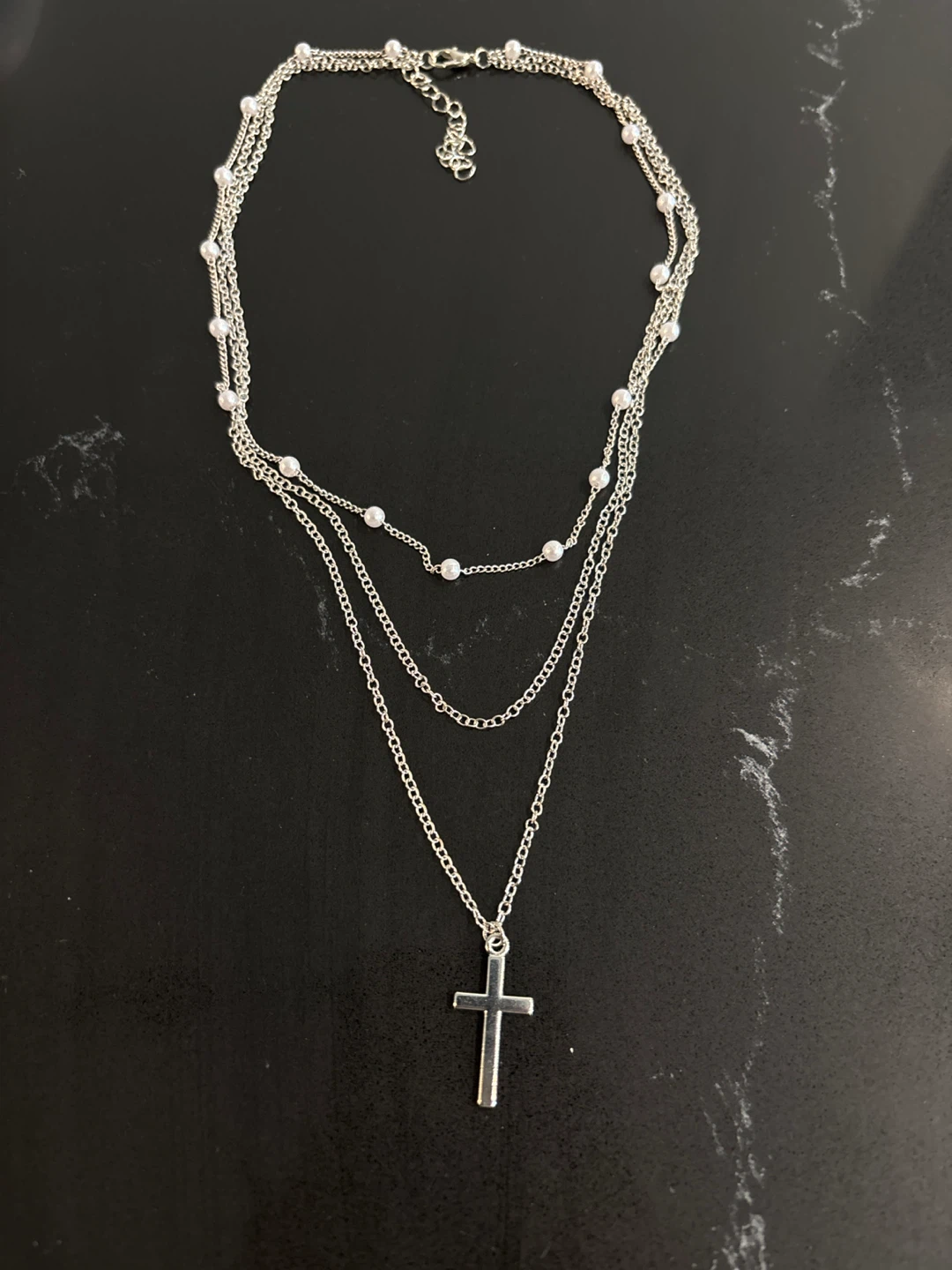 3-layer Cross Necklace with Faux Pearls (Costume)