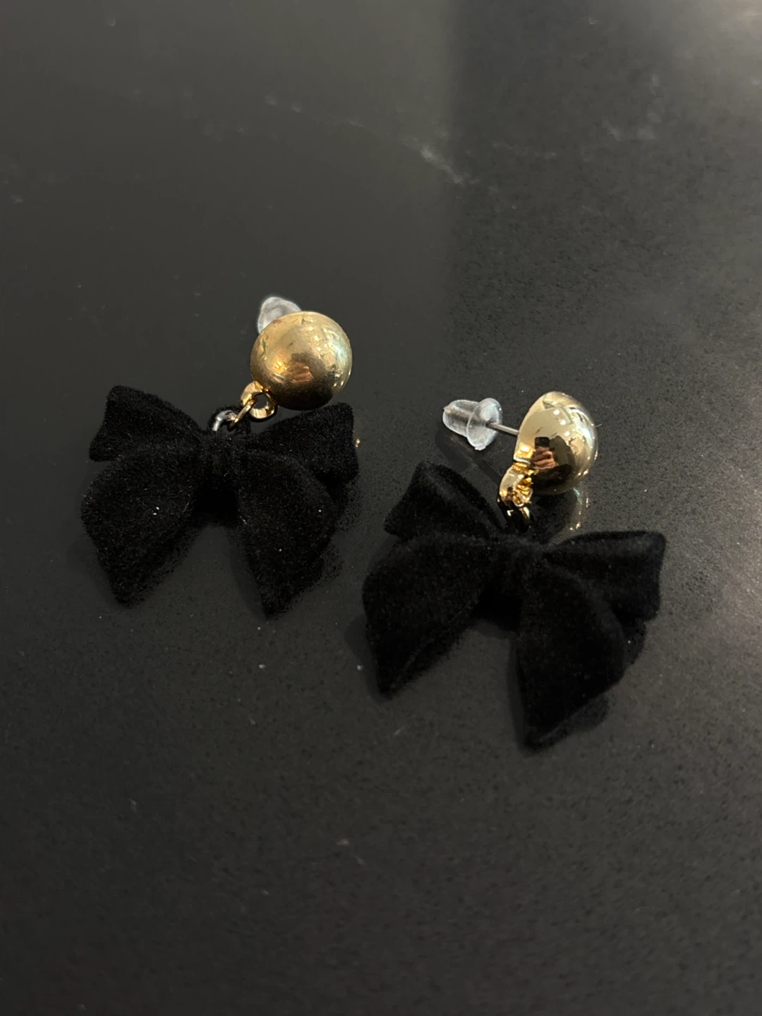 Black Velvet Bow Drop Earrings with Gold Balls