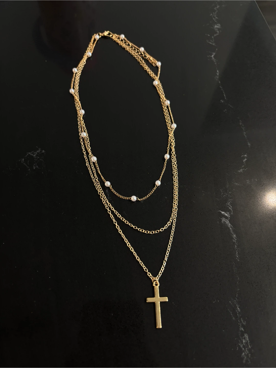 Layered Gold Necklace with Pearls and Cross Pendant (Costume)