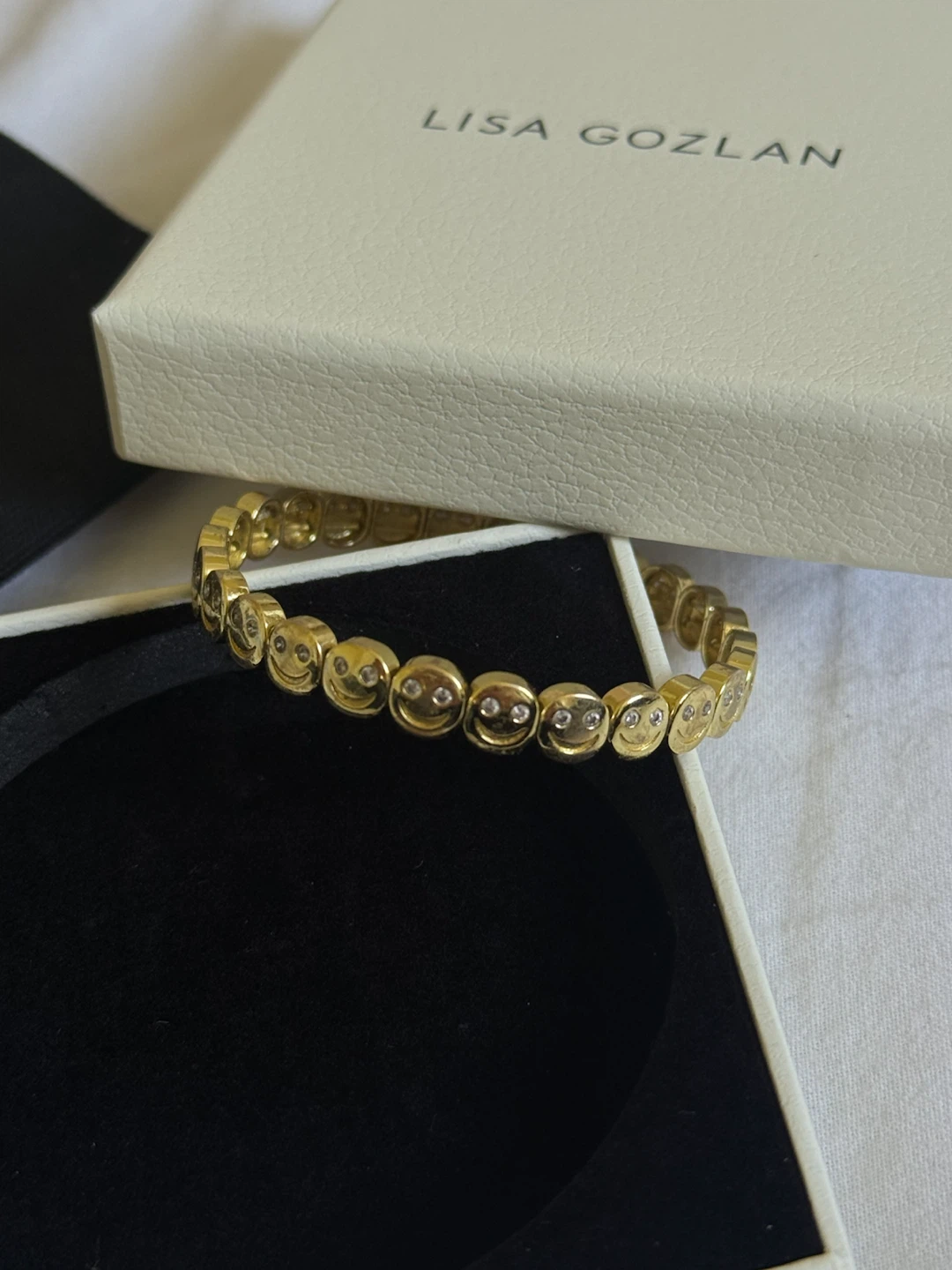 Lisa Gozlan Gold Smiley Face Bracelet with Crystals