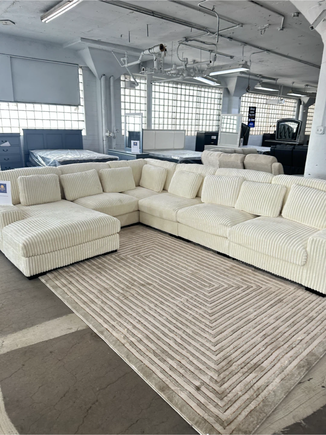 Cream Corduroy Sectional Sofa with Chaise