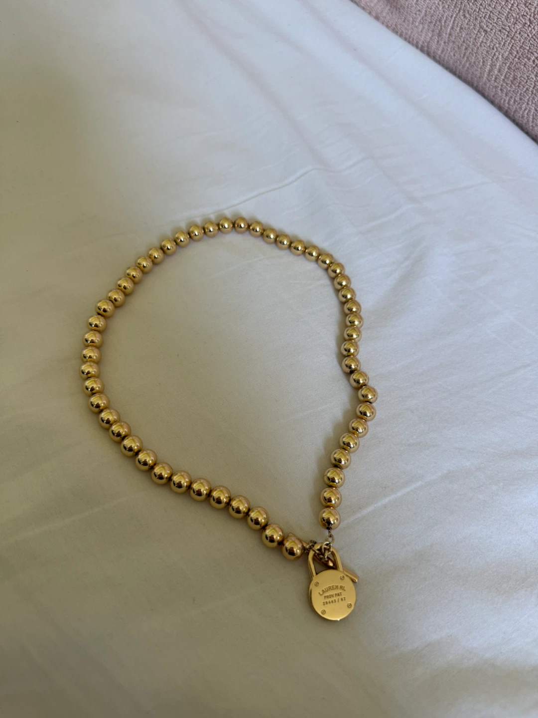 Lauren RL Gold Tone Beaded Necklace with Lock Charm