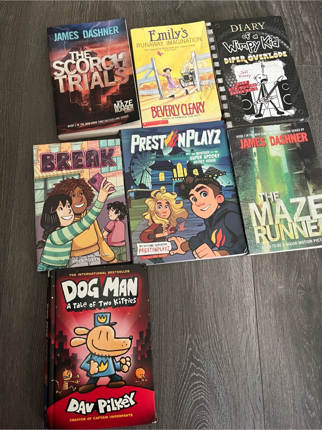 Lot of 9 Kids' Books: Dog Man, Maze Runner, Wimpy Kid & More