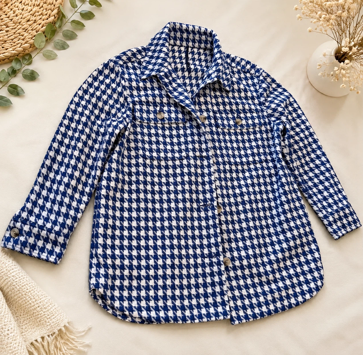 M&S Collection Blue & White Houndstooth Shirt Jacket