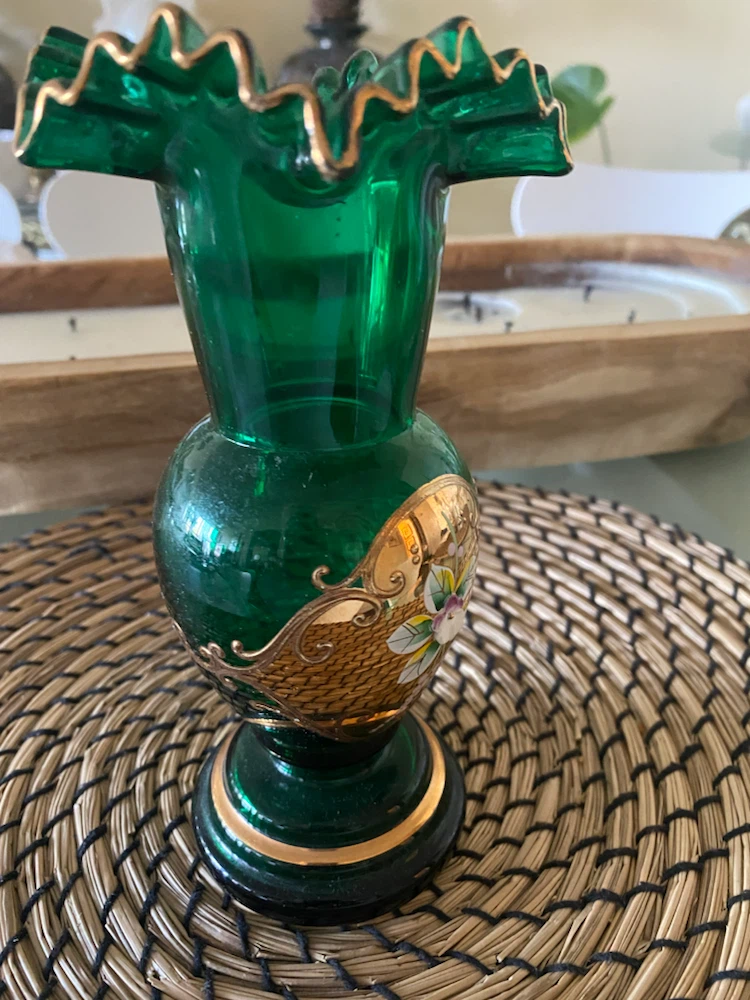 Green Glass Vase with Gold Trim and Floral Detail