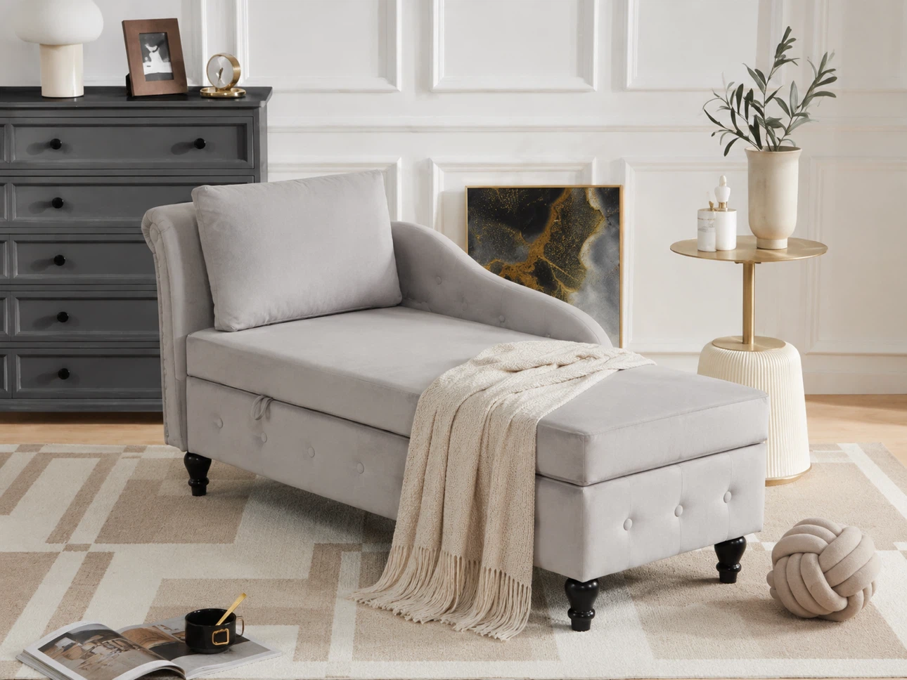 Grey Tufted Chaise Lounge with Storage