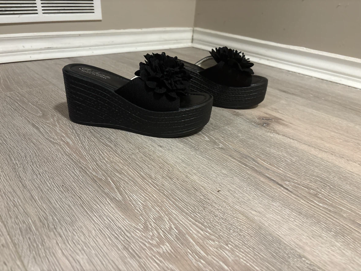 Black Wedge Sandals with Flower Detail