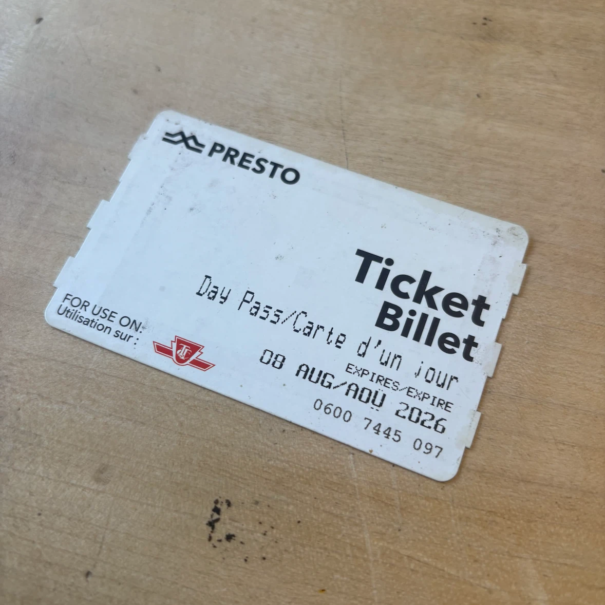 Free TTC day pass, expiry date August 8th