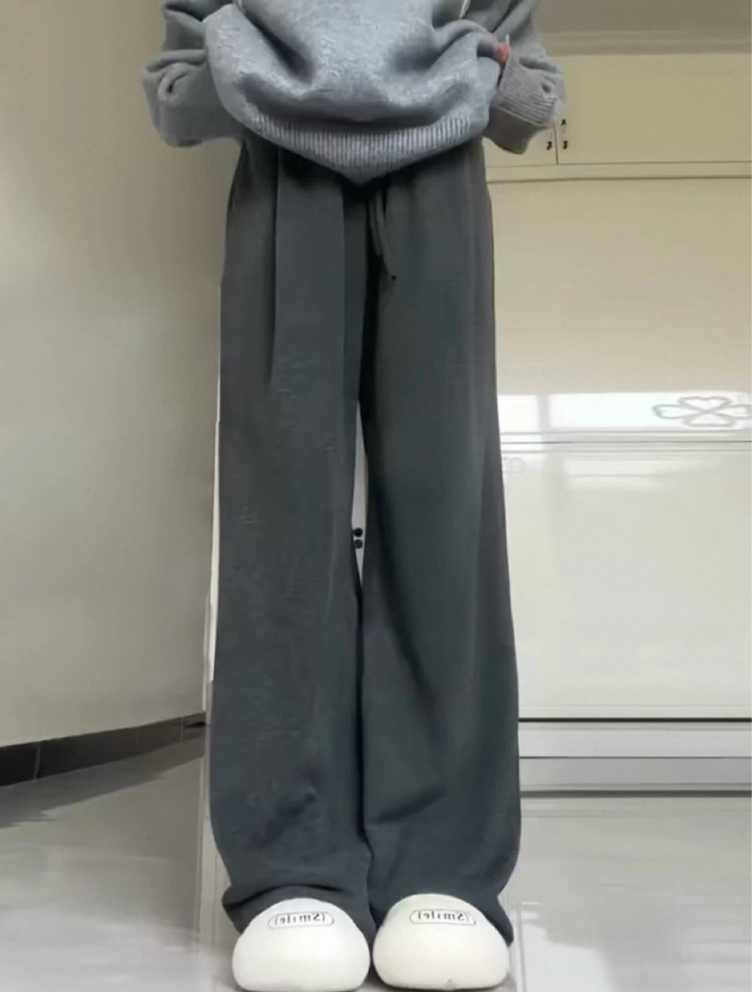 Dark Grey Wide Leg Fleece-lined Pants