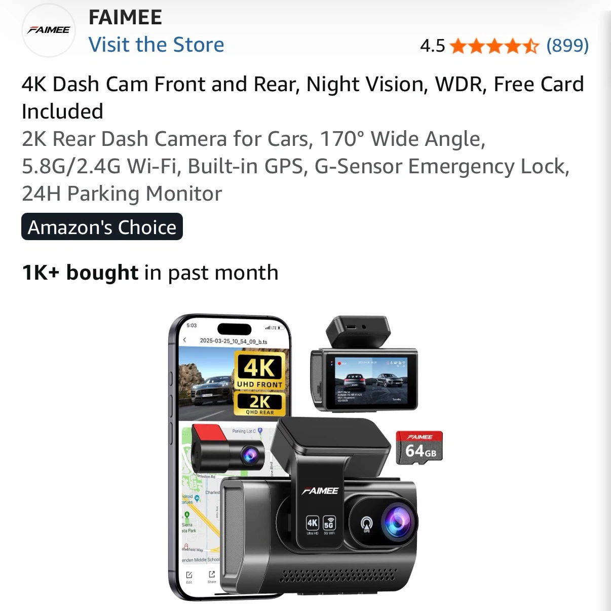 FAIMEE 4K Dash Cam Front and Rear with 64GB Card