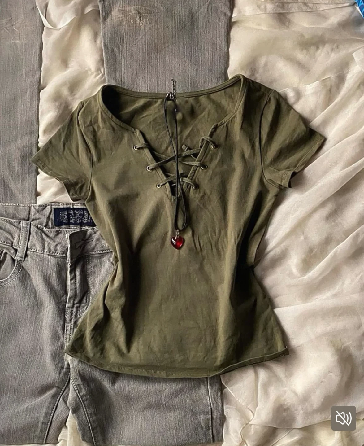 Olive Green Lace-Up T-Shirt with Heart Necklace