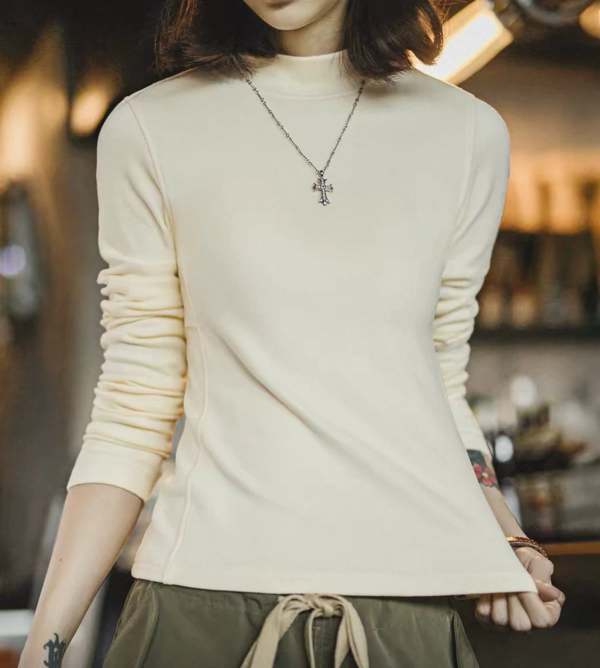 Cream Mock Neck Fleece-lined Long Sleeve Shirt