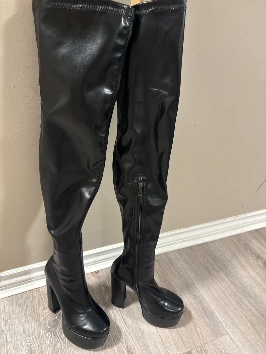 Brand New Black Faux Leather Over-the-Knee Platform Boots