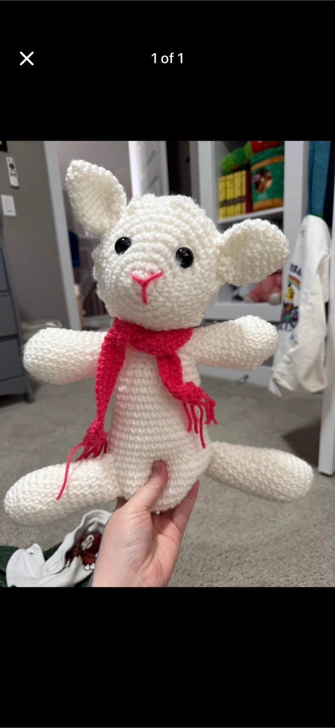 Crocheted White Lamb Plush Toy with Pink Scarf