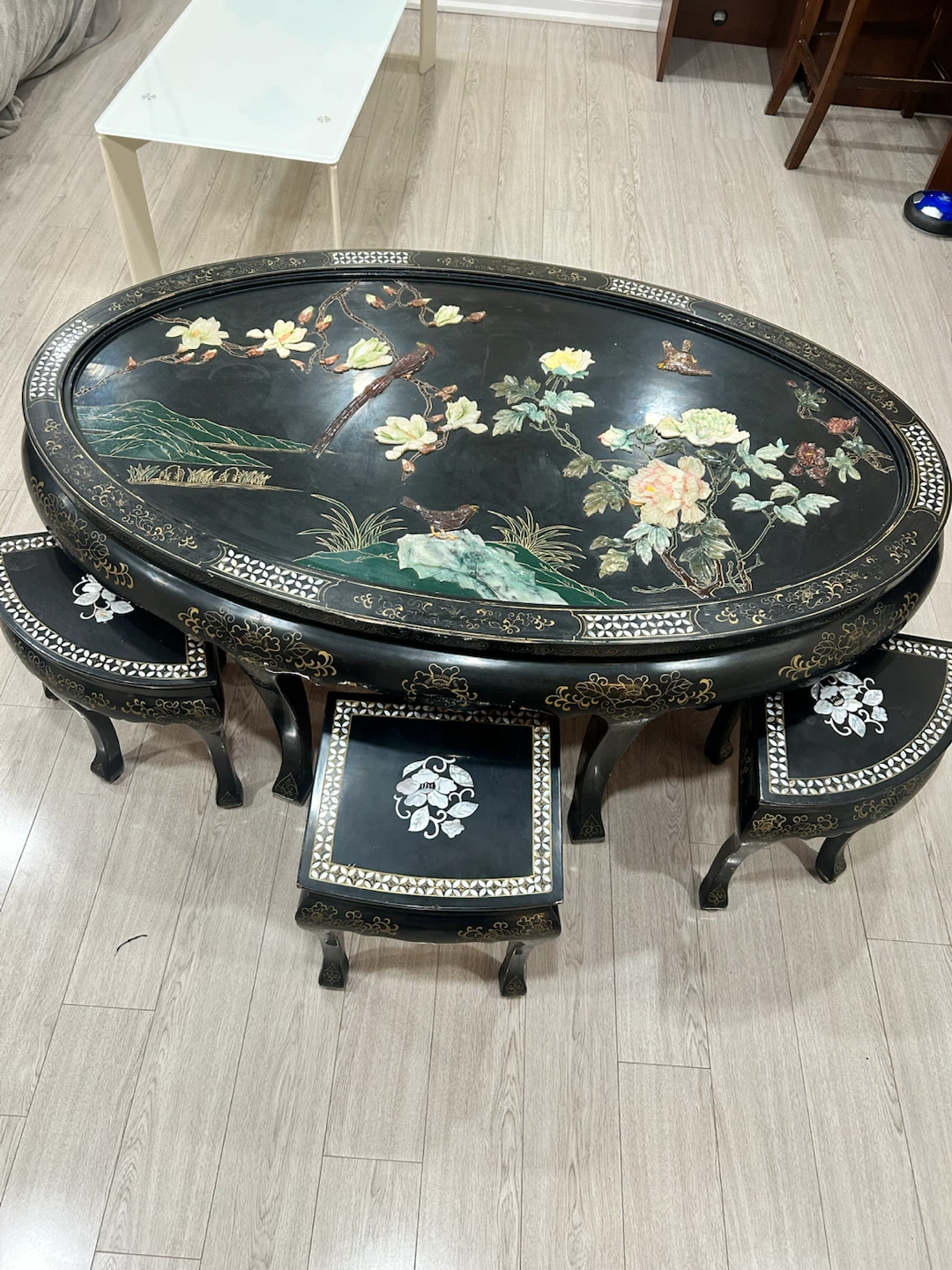 Vintage Oriental Lacquered Coffee table Set with 6 Stools