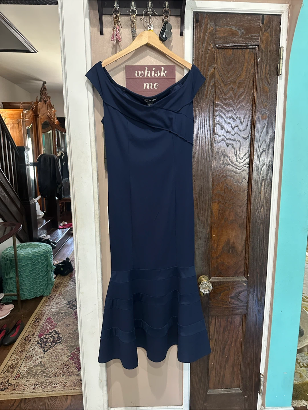 Candallite Petite Navy Blue Off-the-Shoulder Dress