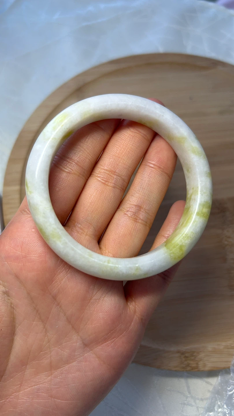 Jade Bangle Bracelet White with yellow Swirls