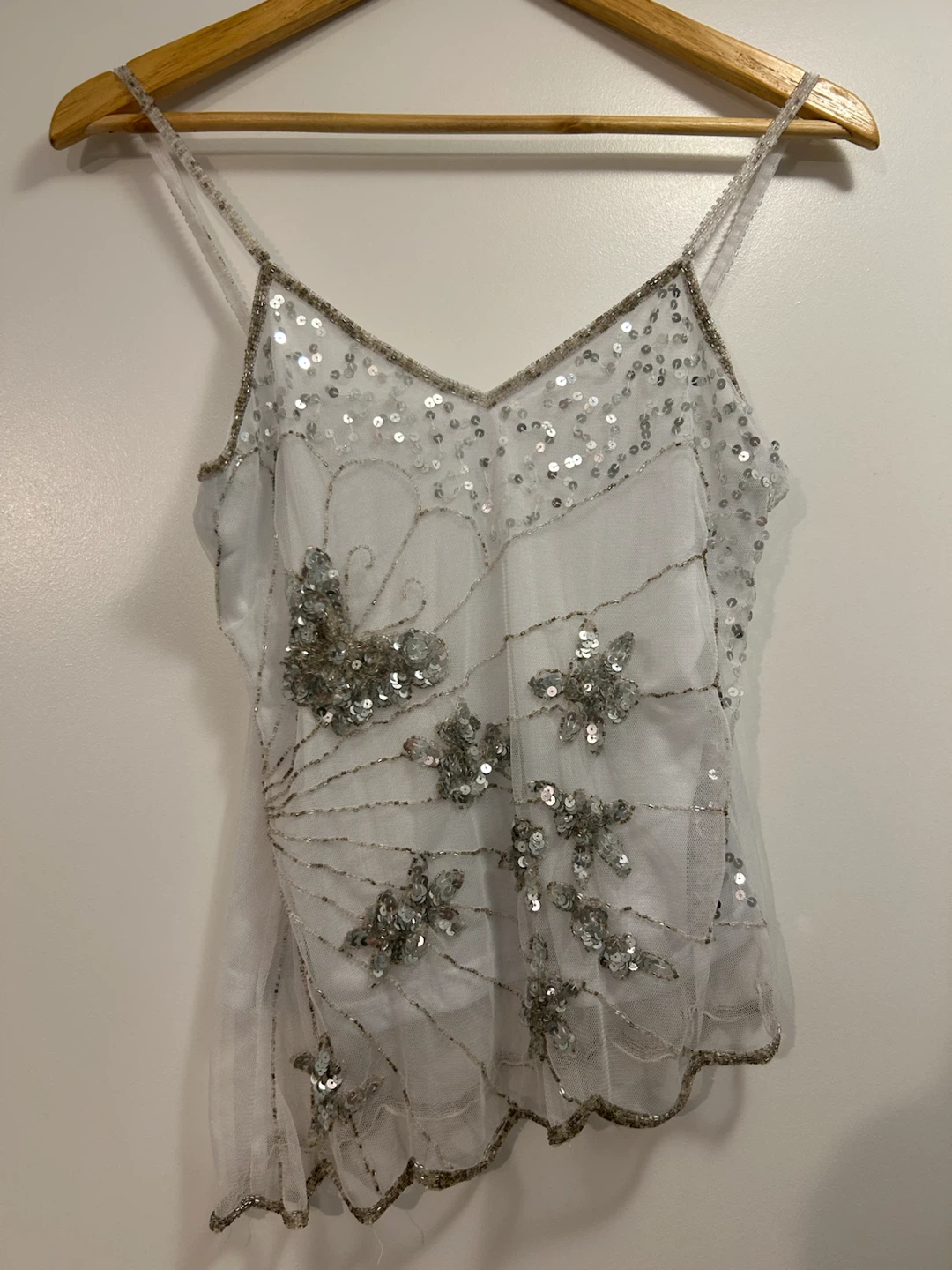 White sequin and beaded cami