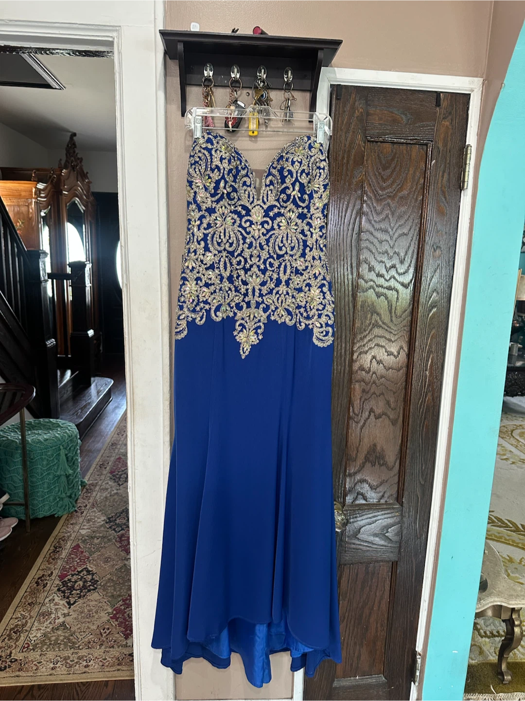 Jovani Royal Blue Strapless Gown with Gold Embellished Bodice