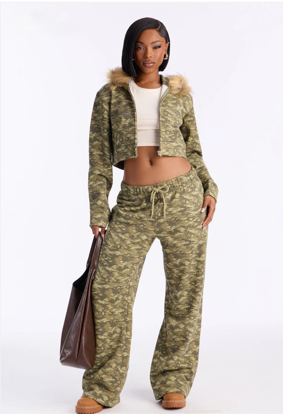 Camouflage Cropped Hoodie and Sweatpants Set