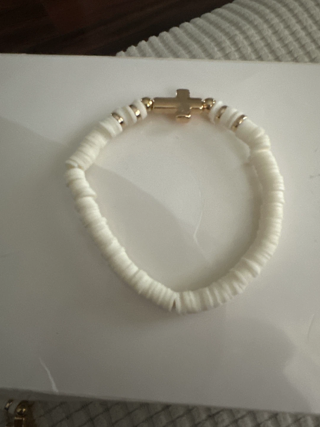 White Heishi Bead Bracelet with Gold Cross Charm