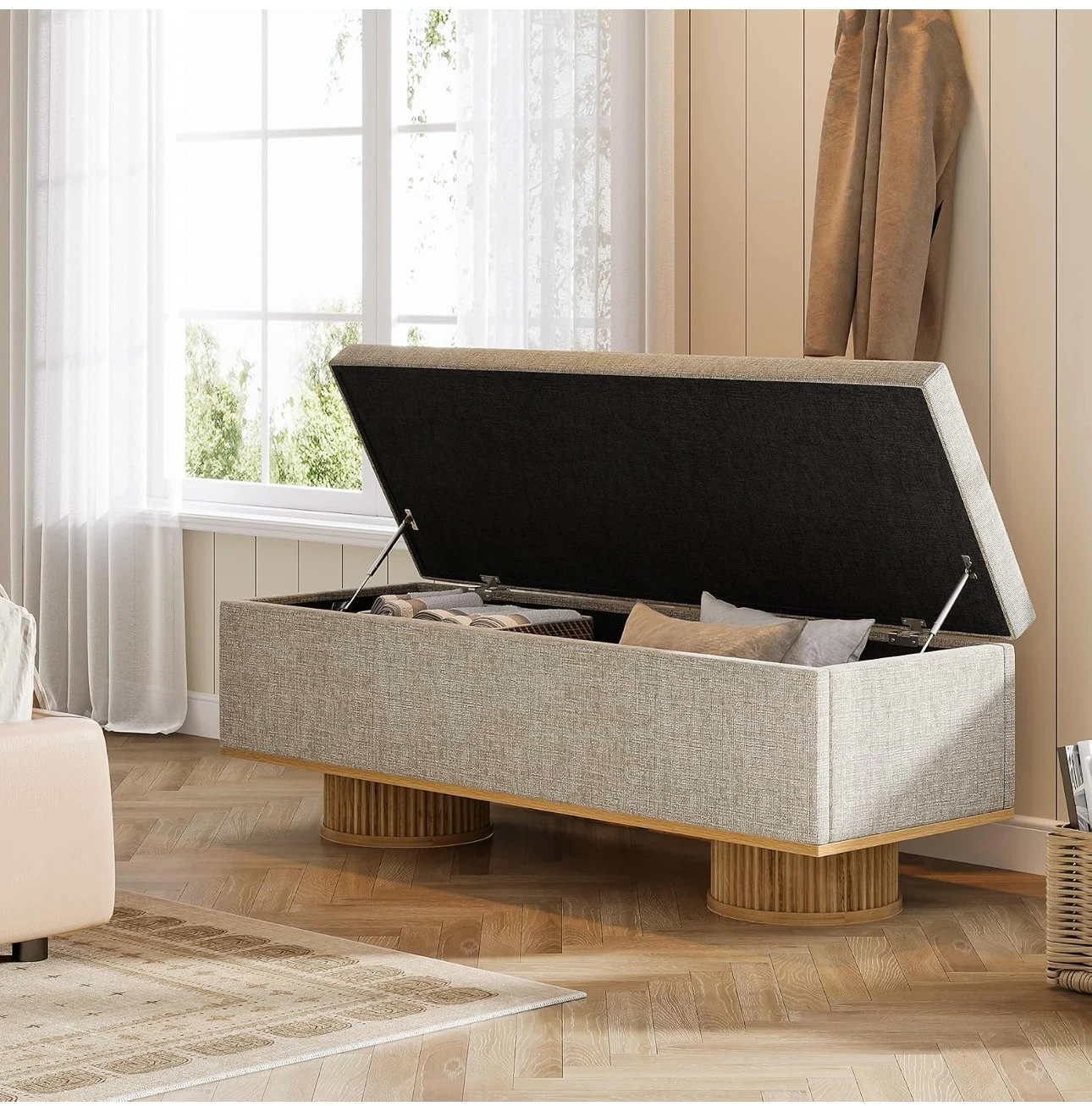 Storage Bench Ottoman - Linen Upholstered Tufted Seat