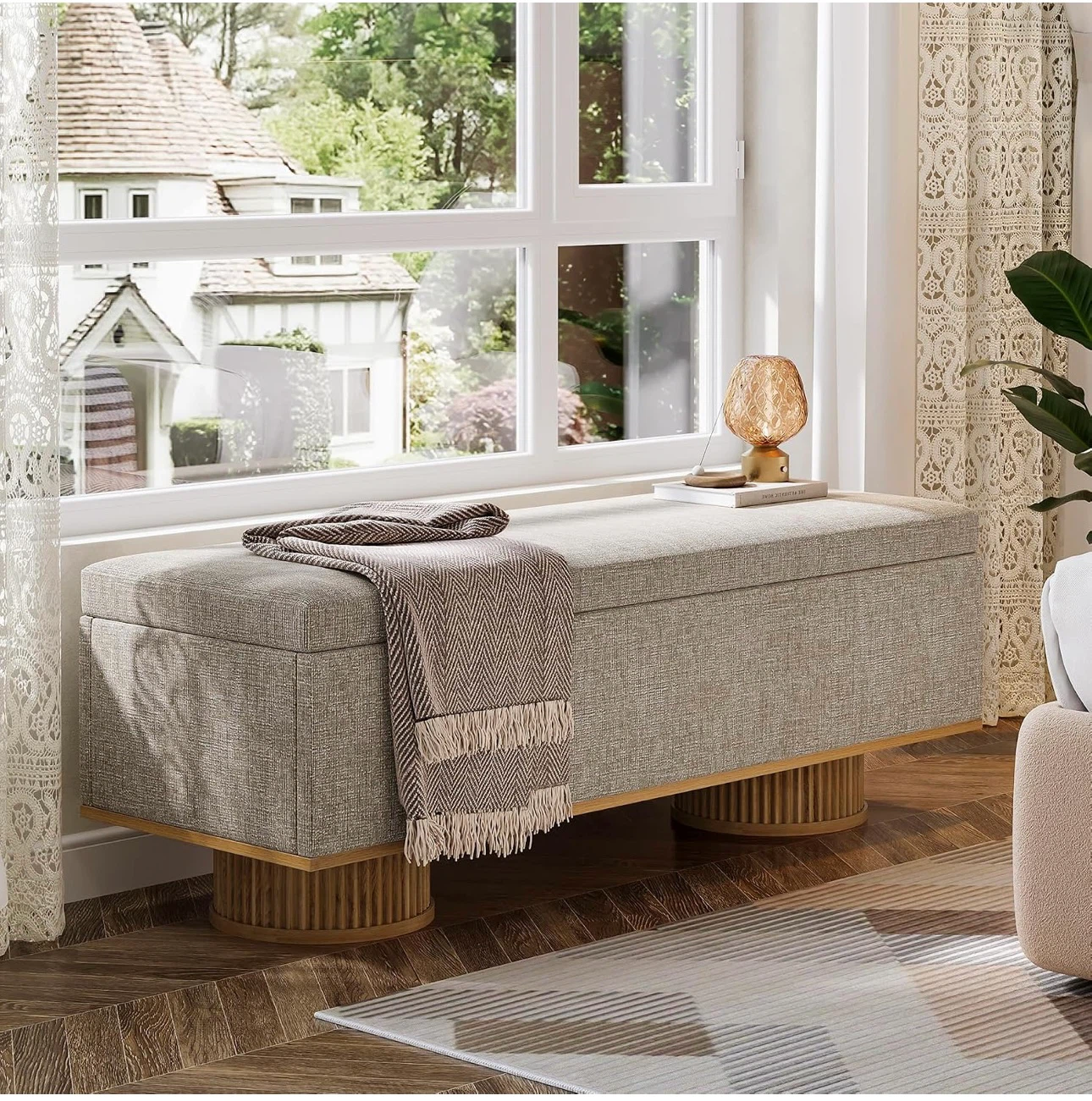 Storage Bench Ottoman - Linen Upholstered Tufted Seat - photo 2