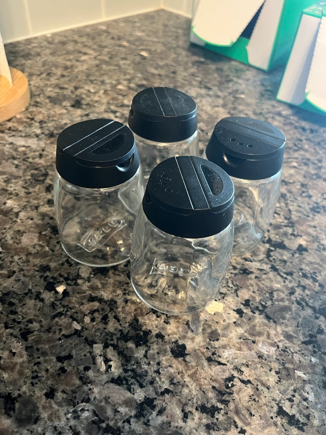 Set of 4 Clear Glass Spice Jars with Black Lids