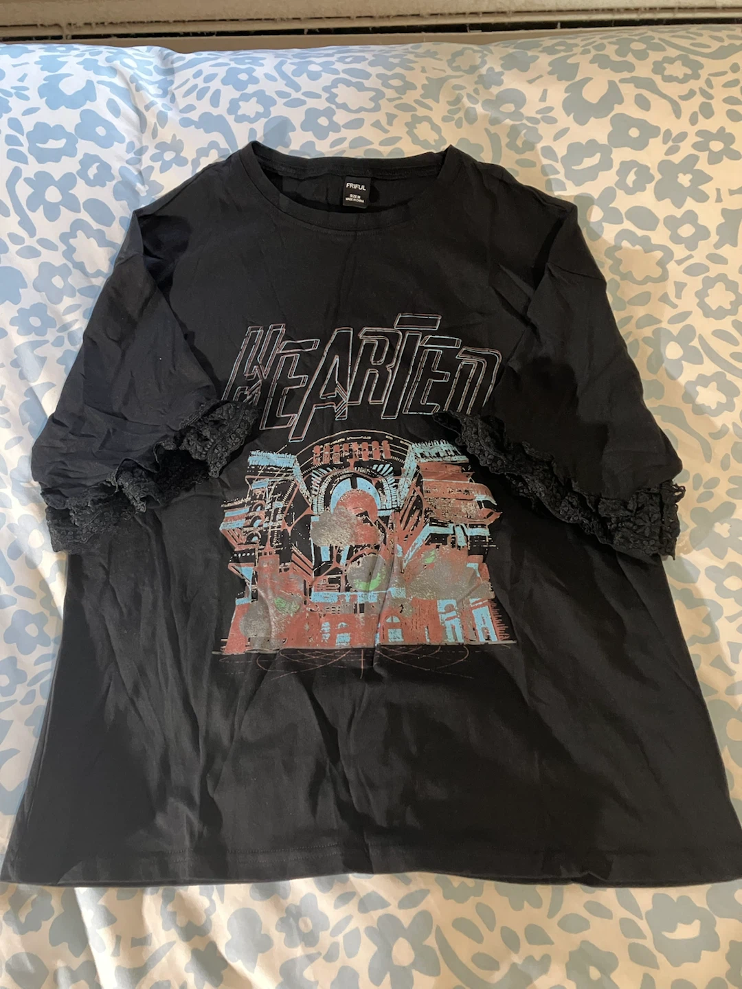 FRIFUL Black Graphic T-Shirt with Lace Trim - Size M