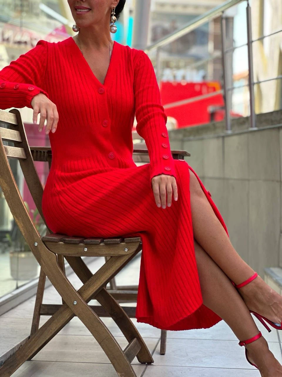 Red Ribbed Knit Button-Up Maxi Dress