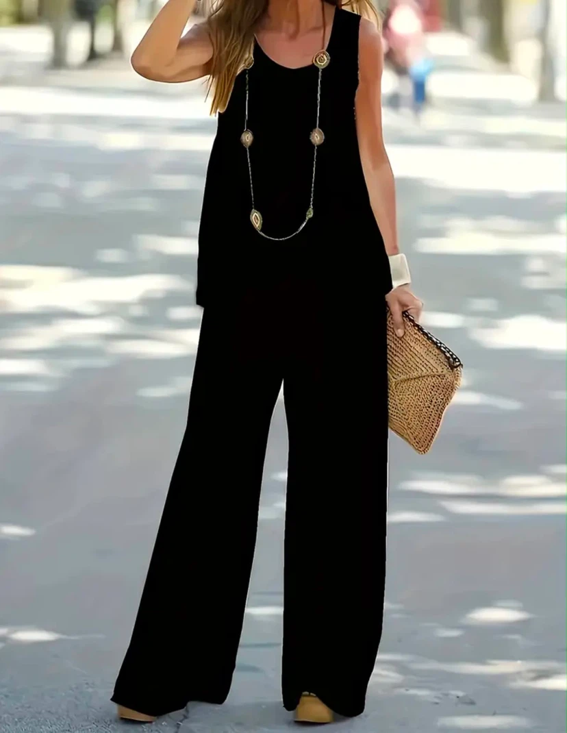 Women's Black Sleeveless Wide-Leg Pants Set