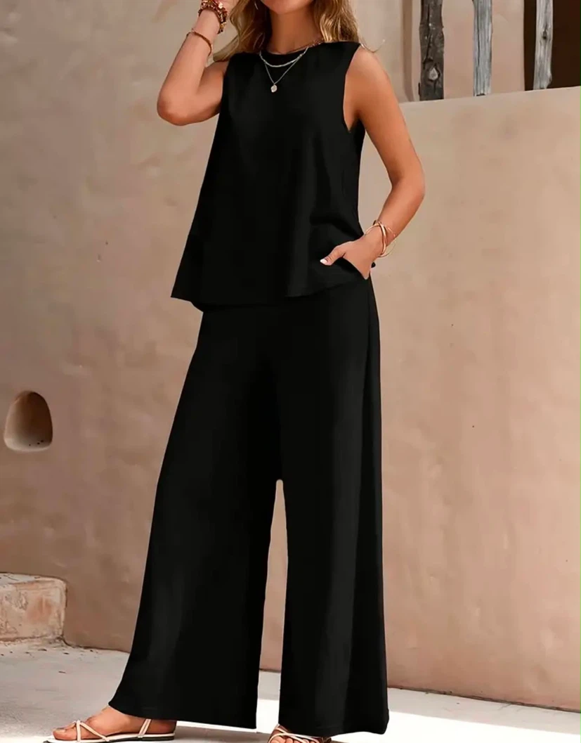 Women's Black Sleeveless Wide-Leg Pants Set - photo 3
