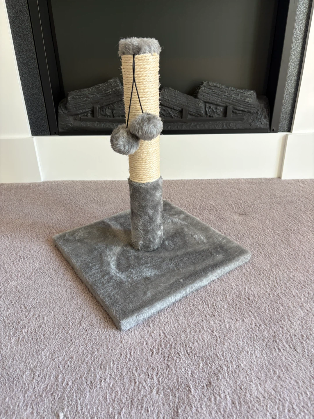 Grey Cat Scratching Post with Pom Poms