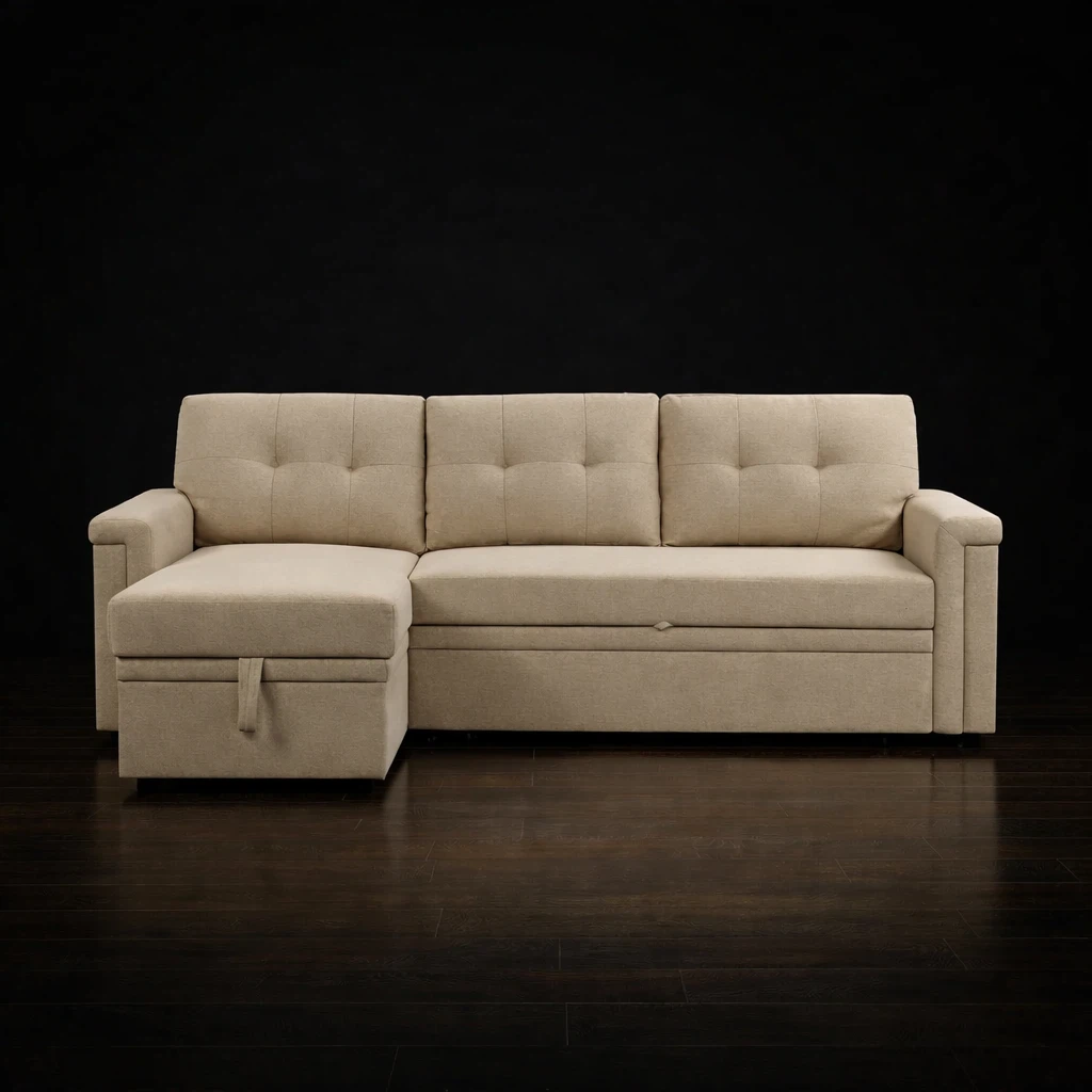 Beige Sectional Sofa with Storage and Pull-out Bed